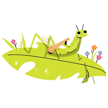 A grasshopper with bright green legs and delicate wings is lounging comfortably on a large, vibrant green leaf. The grasshopper has an easygoing expression as it strums a tiny wooden guitar, its legs relaxed and hanging off the edge of the leaf. Sunlight filters through the surrounding foliage, casting playful shadows on the leaf beneath. Nearby, a few colorful flowers bloom, adding a lively touch to the scene.