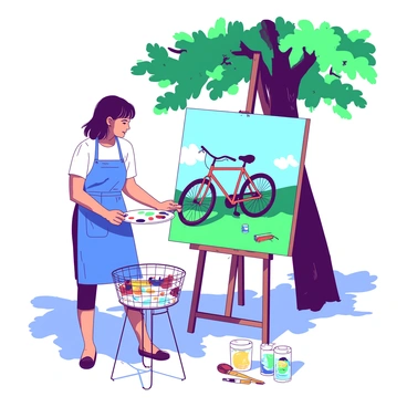 An artist is standing in an open-air studio, focused intently on a large canvas in front of them. The canvas displays a vibrant scene of a bicycle parked under a tree. The artist, wearing a blue apron splattered with paint, holds a brush in their right hand and mixes colors on a palette with their left. Sunlight filters through the leaves of the tree, casting dappled shadows on the ground. Beside the artist, there are several tubes of paint in various colors, and a small easel supports the canvas. The bicycle is depicted with intricate details, showcasing its handlebars, wheels, and a basket at the front.