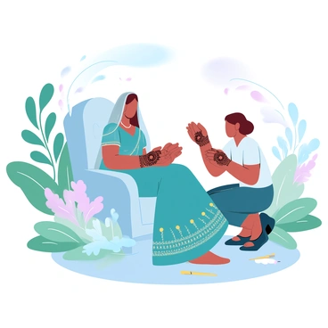 A modern Indian bride is seated on a beautifully decorated chair in a garden setting. Her hands are positioned delicately as intricate henna designs are applied. The bride is dressed in a vibrant, richly embellished lehenga with golden accents, and her dupatta is flowing elegantly around her. Surrounding her are lush green plants and colorful flowers, adding a natural touch to the scene. The henna artist is focused, with tools and henna paste arranged neatly beside her. A gentle breeze rustles the leaves in the background, enhancing the serene atmosphere of the garden.