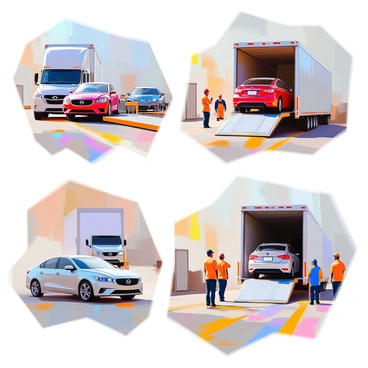 A detailed sequence of images illustrating the process of cars being loaded and unloaded from a transporter. The first image shows a large car transporter truck parked in a loading area, with its ramp extended. The second image captures a shiny red sedan being driven up the ramp by a professional driver, while a second transport truck is seen nearby in a blurred background. The third image depicts the red sedan securely positioned on the upper deck of the transporter, with other vehicles like a blue hatchback and a black SUV already loaded on the lower deck. In the final image, the ramp is lowered again, and a silver hatchback is slowly rolling down the ramp, with an operator guiding it safely to the ground. The surrounding area is bustling with activity, featuring workers supervising the loading process and vehicles waiting in line.