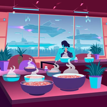 A cozy noodle shop with warm wooden interiors and soft, ambient lighting. The scene includes several bowls of steaming noodles placed on wooden tables, with wisps of steam rising from them. There are a few patrons enjoying their meals, with one person slurping noodles. Large windows provide a view of a bustling spaceport outside, featuring sleek spaceships taking off and landing, with vibrant lights flashing. The shop is decorated with potted plants and hanging lanterns, adding to the inviting atmosphere.