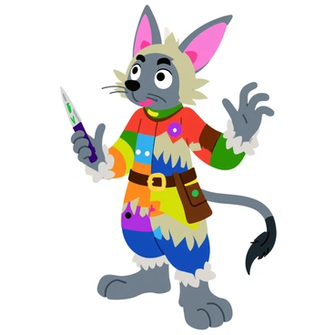 A unique skaven character with gray fur and a long tail is standing in a dynamic pose. The character is wearing a patchwork outfit made of various colorful fabrics, featuring mismatched patterns and textures. Around the waist, there is a belt adorned with a variety of small trinkets and pouches. The skaven holds a small, intricately designed dagger in one hand, while the other hand gestures expressively. Large, expressive eyes peek out from under a tattered hood, and a pair of oversized ears are perked up, capturing the character's alertness. The background is a simple suggestion of movement to emphasize the dynamic stance.