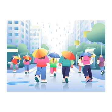 A busy city street during a rainstorm is depicted. Several people are walking along the pavement while carrying colorful umbrellas in various shades of red, blue, yellow, and green. The pavement is slick and reflects the vibrant colors of the umbrellas above. Puddles form on the ground, mirroring the buildings that line the street and capturing the atmosphere of the rainy day. Some people are hurrying, while others stroll leisurely, creating a dynamic scene filled with movement and life.