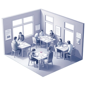An annex of a community center with a welcoming atmosphere. The interior is filled with tables where locals are engaged in a workshop activity, actively participating and exchanging ideas. A diverse group of individuals is present, featuring a mix of genders and ages. Some people are seated at tables with notebooks and pens, while others are standing and discussing amongst themselves. The walls are adorned with bulletin boards displaying community announcements and artwork created by local artists. Natural light streams in through large windows, illuminating the space and creating a lively environment.