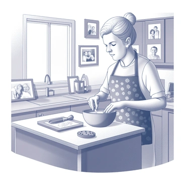 An elderly person is standing at a wooden kitchen countertop, mixing ingredients in a large bowl. The individual has gray hair tied back and is wearing a floral-patterned apron. Surrounding the workspace are various baking utensils, including a rolling pin, cookie cutters, and a tray lined with parchment paper. The walls of the cozy kitchen are adorned with multiple family photos in frames, showcasing moments from various family gatherings. Light streams in through a window, casting soft shadows throughout the room, creating a warm and inviting atmosphere. The aroma of fresh cookies fills the air, adding to the homely feel.