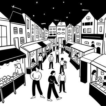 A night market in Annecy, filled with numerous stalls. Each stall is adorned with fairy lights, illuminating the surroundings. Vendors are busily engaged in their activities, some displaying colorful goods while others prepare food. There are customers browsing the stalls, eagerly examining products. The cobblestone streets are bustling with people, creating a lively atmosphere. A backdrop of charming old buildings is visible, contributing to the market's unique character.