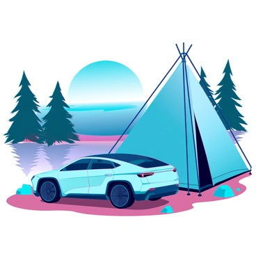 An electric car with a sleek, modern design is parked beside a campsite. The car is painted in a vibrant blue color and features futuristic lines. Nearby, a spacious tent is set up, made of lightweight, reflective fabric that glimmers in the sunlight. The tent is supported by sturdy poles and has an entrance flap that is partially open. In the background, a clear lake reflects the surrounding trees and a bright blue sky. The ground is covered in a mix of grass and dirt, with a few scattered rocks adding to the natural setting.