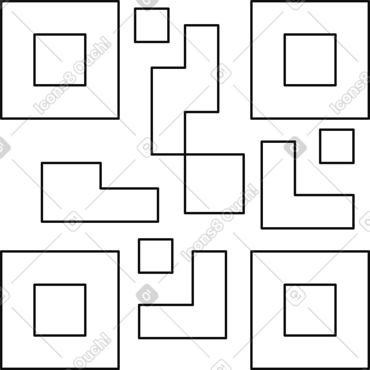 Illustration Qr code pattern with square modules and central maze shape dans le style Main à télécharger aux formats PNG, SVG
