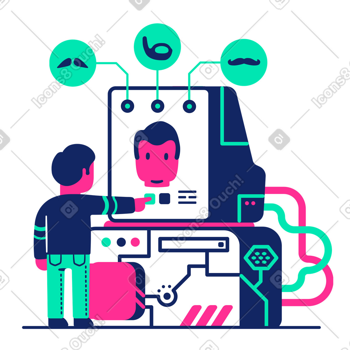 Man creating an identikit on computer illustration in PNG, SVG