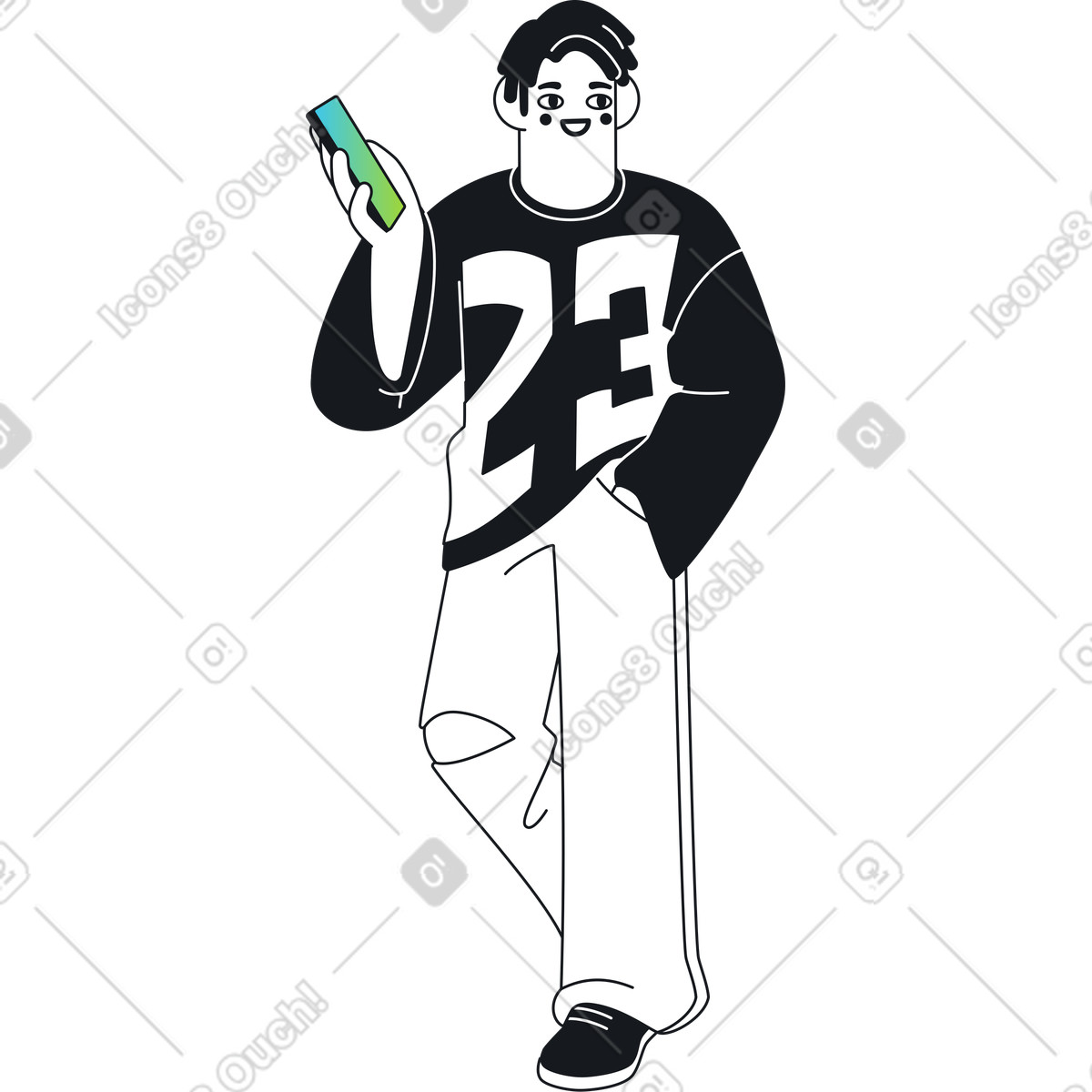 Breeze スタイルの 携帯電話を持った手を上げながら歩いている男性 のイラストをPNG、SVG形式でダウンロード