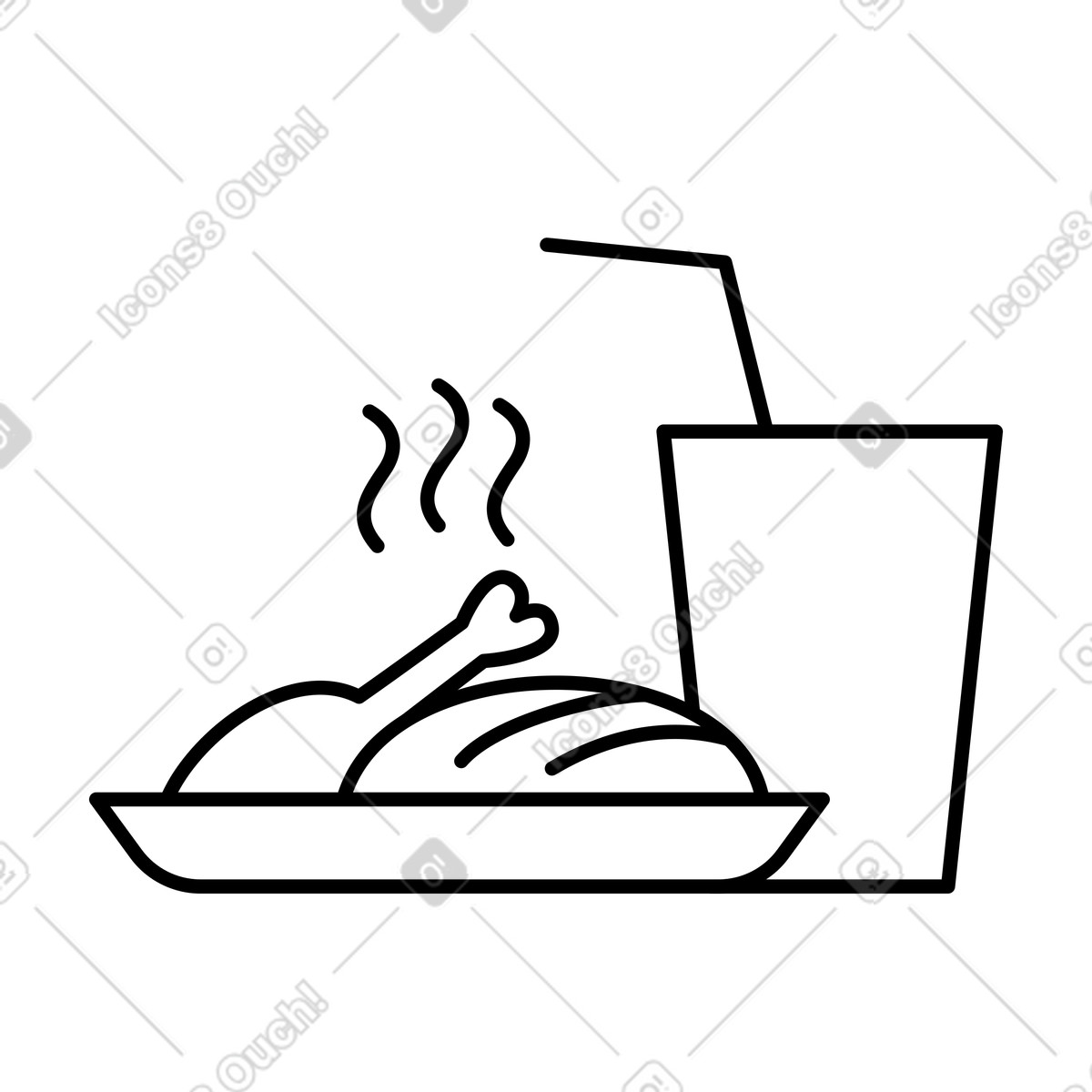 Chicken drumstick meal on plate with beverage cup outline-Illustration im Notion Line Art-Stil als Download in PNG, SVG