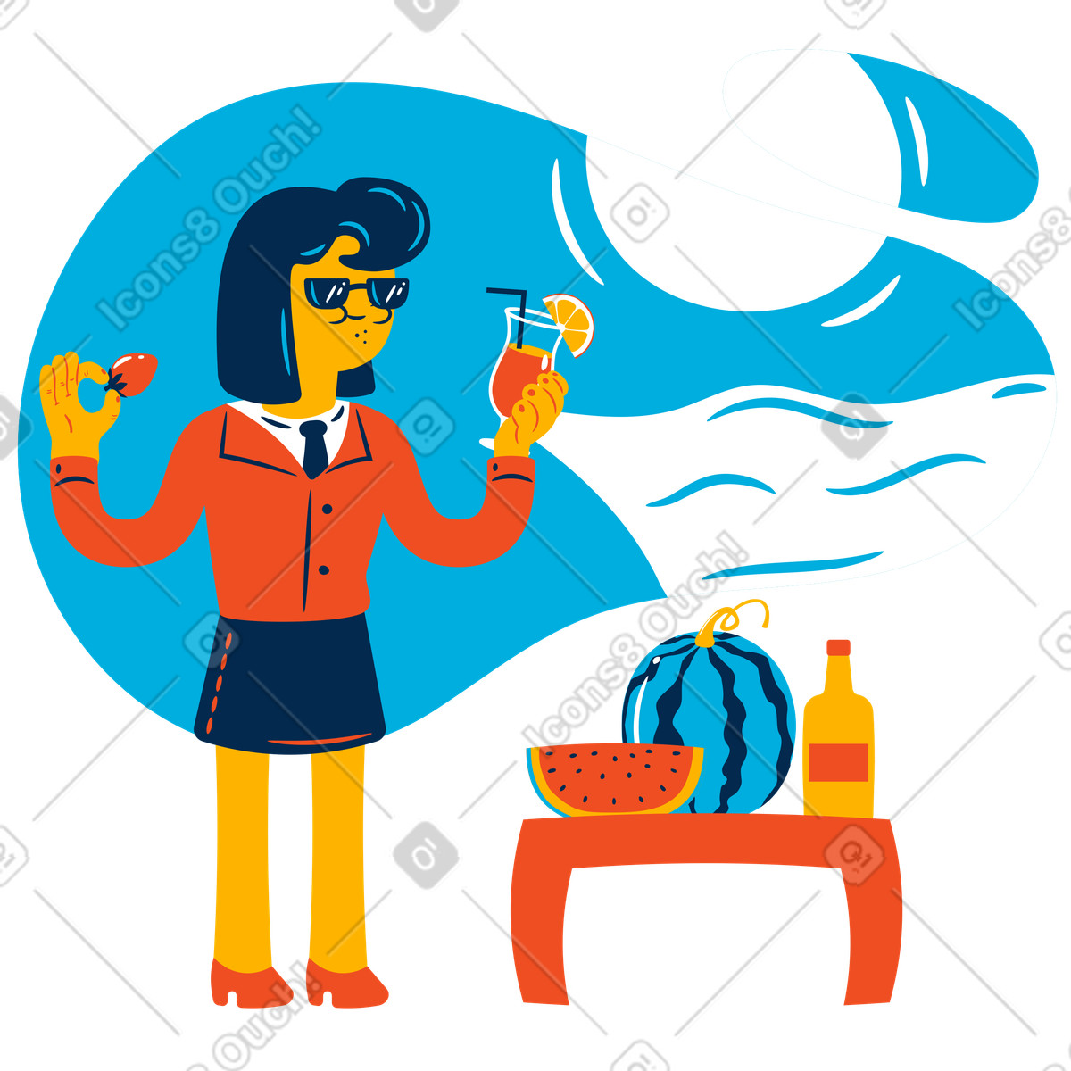 Geschäftsfrau verbringt urlaub am strand-Illustration im Flame-Stil als Download in PNG, SVG