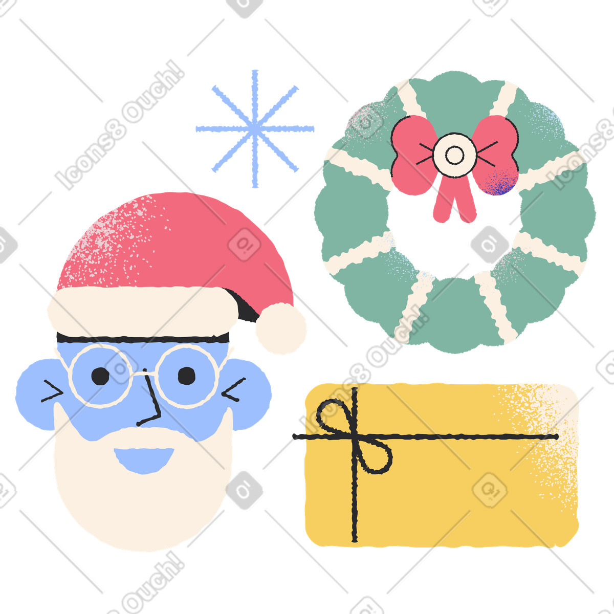 Illustration Père noël, couronne de noël et coffret cadeau dans le style Pablo à télécharger aux formats PNG, SVG