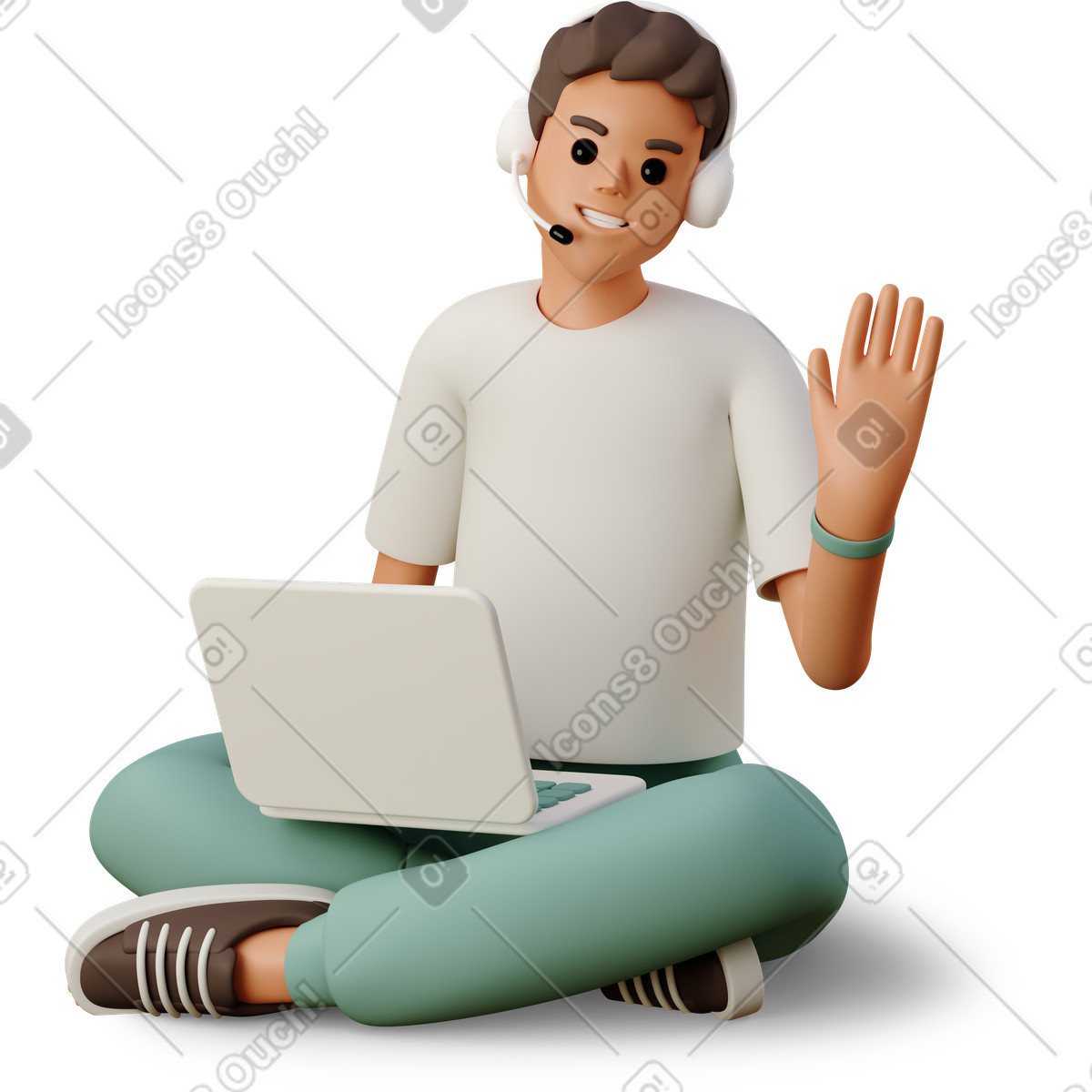 Young man in headphones sitting with laptop and waving-Illustration im 3D Casual life-Stil als Download PNG, SVG