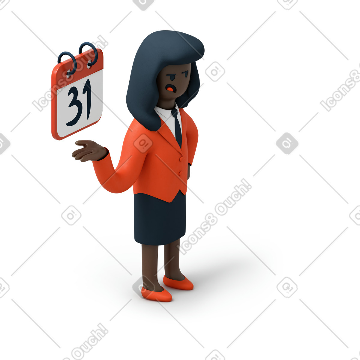 Donna di colore con promemoria del calendario illustrazione in stile 3D Flame scarica in PNG, SVG