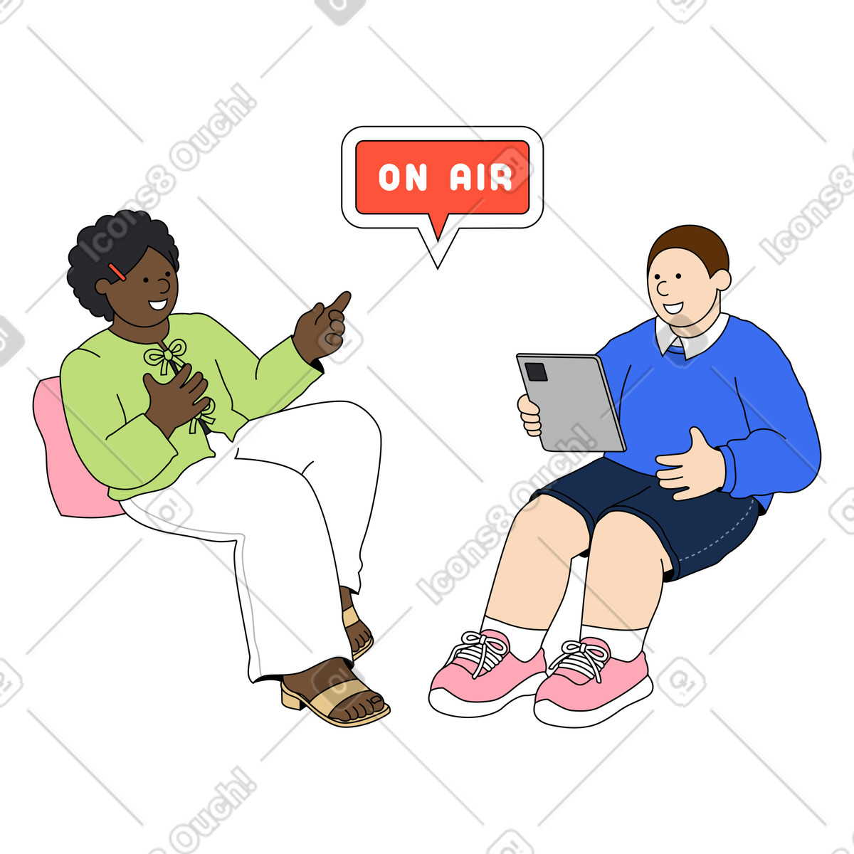 Ilustración Anfitrión e invitado grabando un podcast en estilo Kindy a descargar en PNG y SVG