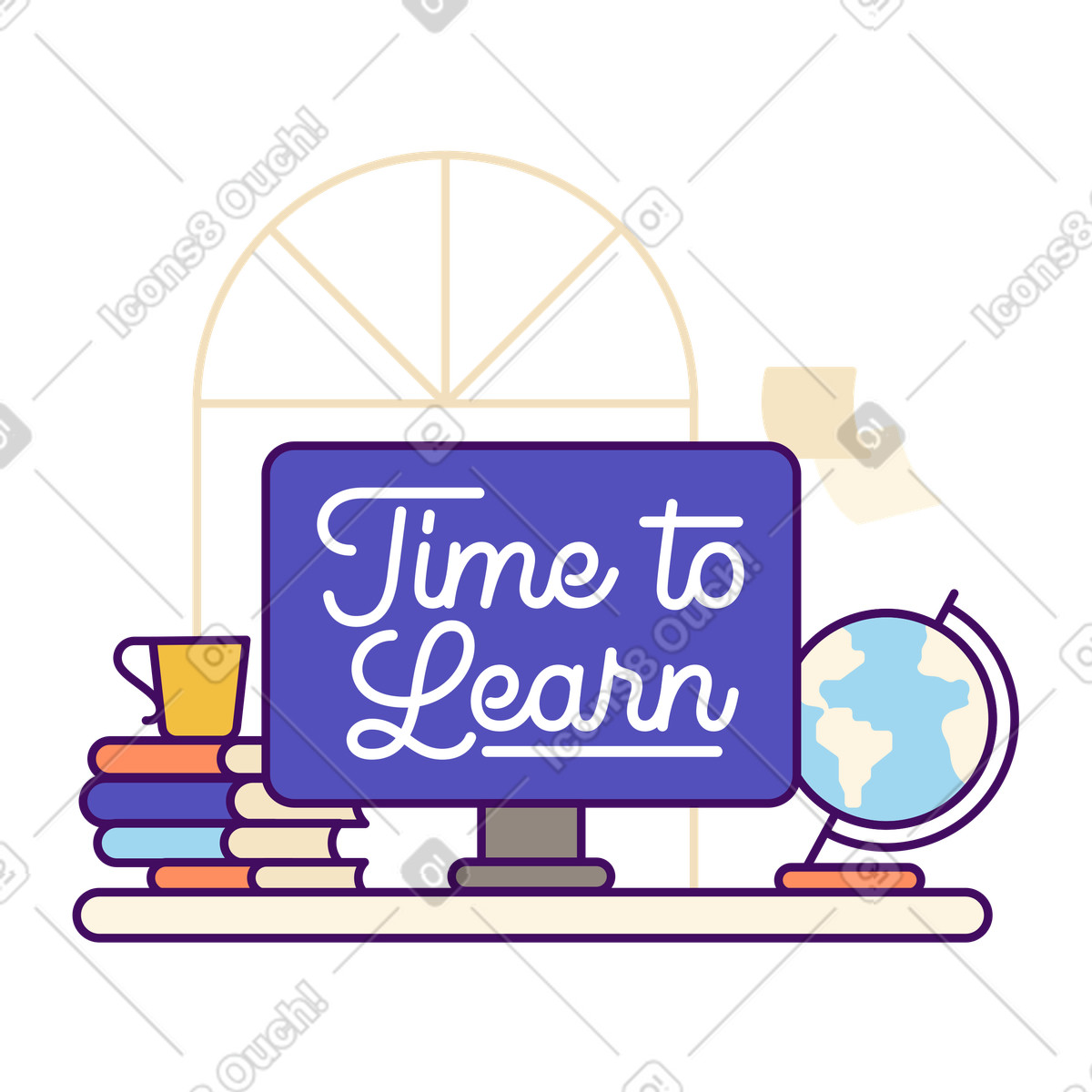 Time to learn sign on computer screen, E-learning and remote study illustration in Simplistic style download in PNG, SVG