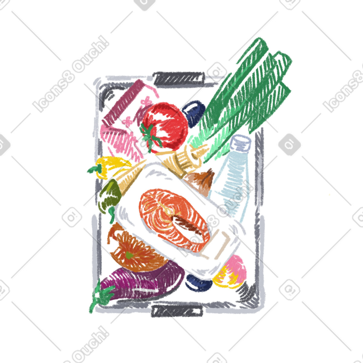 Shopping basket with grocery goods illustration in Sketchbook style download in PNG, SVG