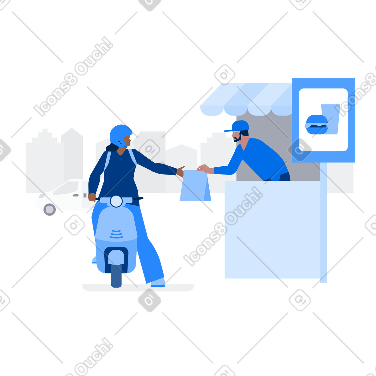 Una donna con il casco e uno scooter acquista fast food al chiosco mac auto illustrazione in stile Urban scarica in PNG, SVG