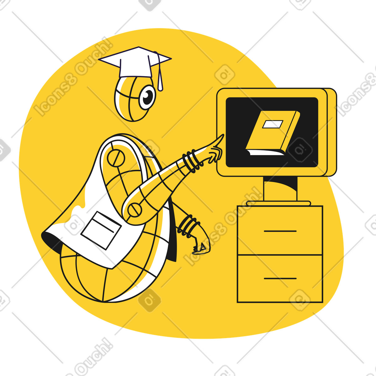 Roboter, der mit computer studiert-Illustration im Taxi-Stil als Download in PNG, SVG