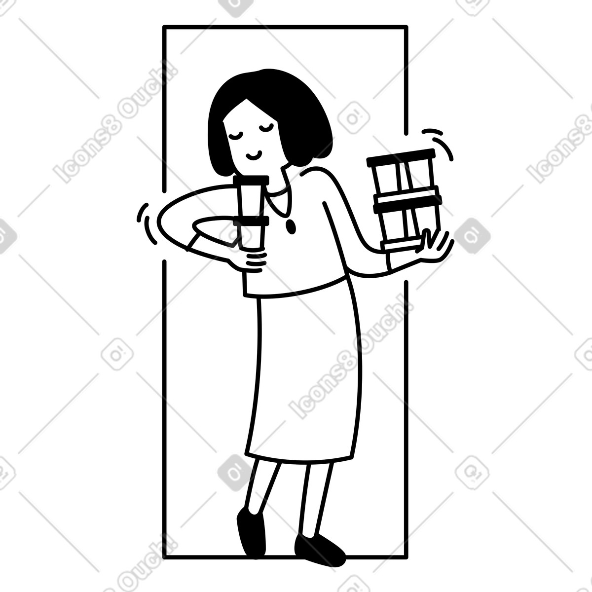 Character carrying coffee cups and gift boxes with relaxed expression-Illustration im Notion Line Art-Stil als Download in PNG, SVG