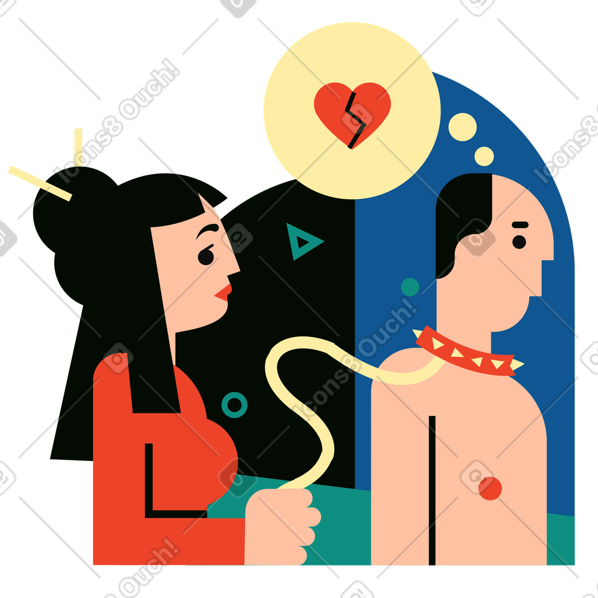 Amore non corrisposto, donna che tiene un uomo al guinzaglio illustrazione in stile Polar scarica in PNG, SVG