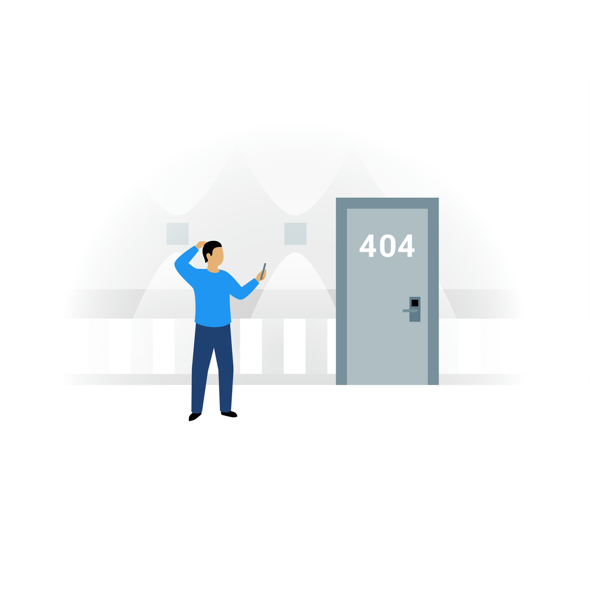 Fogg 스타일의 Confused phone user standing in front of room 404, Page not found concept 일러스트레이션 PNG, SVG 다운로드
