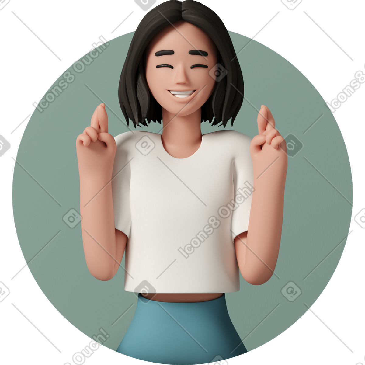 Ilustración Avatar de mujer joven cruzando los dedos en estilo 3D Casual life a descargar en PNG y SVG