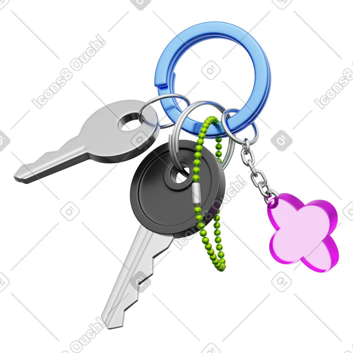 Set of house keys with keychain, home security and access illustration in 3D Playful style download in PNG, SVG