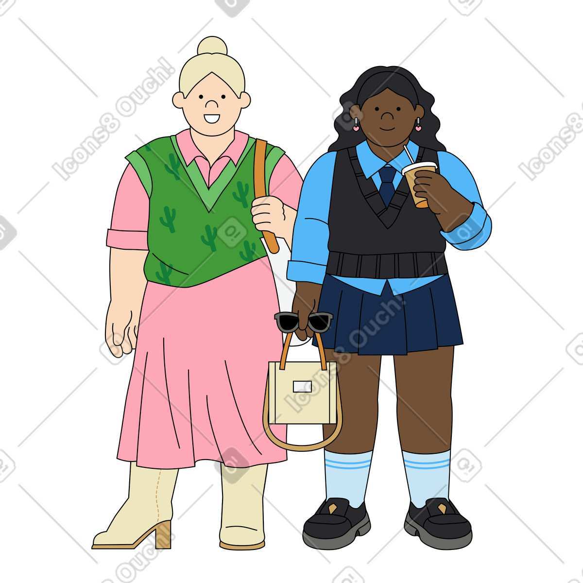 Giovani donne che indossano gonne e gilet illustrazione in stile Kindy scarica in PNG, SVG
