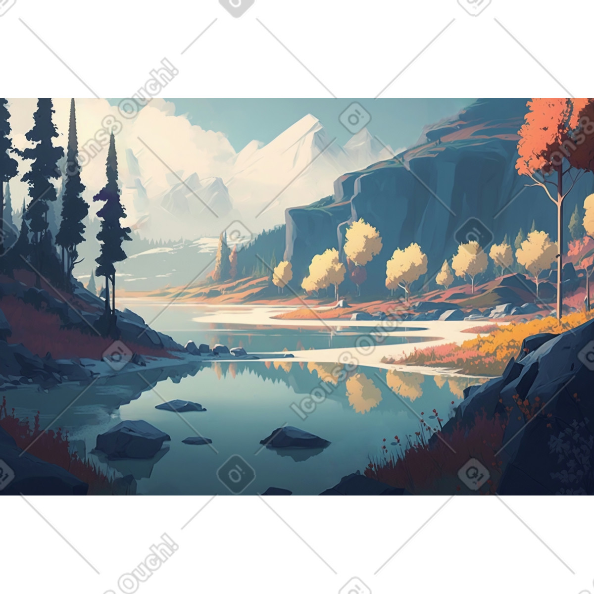 Mountain landscape surrounded by forest and a lake background illustration in Experimental style download in PNG, SVG