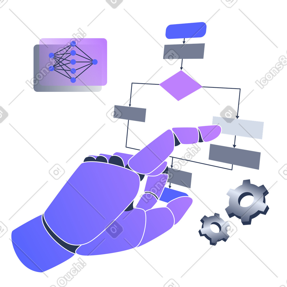 Illustration animée L'ia aide à la prise de décision grâce l'utilisation d'organigrammes dans le style Lucent télécharger aux formats GIF, Lottie (JSON), AE