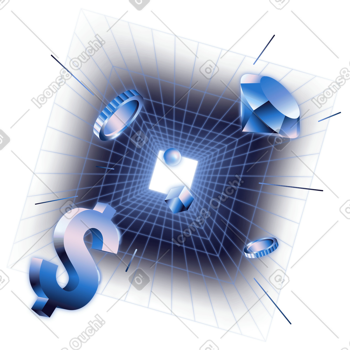 Perspective rectangular tunnel with financial symbols, flow system illustration in Dimension style download in PNG, SVG
