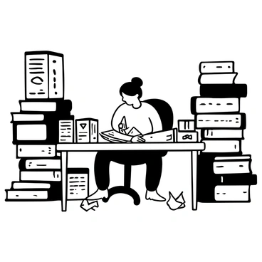 A student sitting at a cluttered wooden desk, surrounded by tall stacks of books on either side. The student is hunched over, writing notes on a large sheet of paper with a pen. A few open books displaying text and diagrams are scattered on the desk. Some crumpled papers are lying on the floor nearby. The scene conveys a sense of focus and determination as the student works diligently.