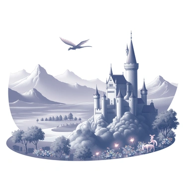 A vast landscape filled with rolling hills and towering mountains. In the foreground, a majestic castle with tall spires and intricate stonework stands proudly atop a rocky hill. Surrounding the castle, there are lush valleys dotted with ancient trees and vibrant foliage. Various mythical creatures can be seen throughout the scene, including a graceful unicorn with a shimmering mane and a group of playful fairies fluttering around flowers. In the distance, a dragon soars through the sky, its wings spread wide as it glides above the mountains. The scene captures the essence of a magical realm, filled with wonder and enchantment.
