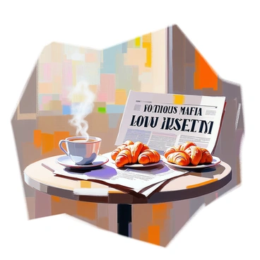 A vintage newspaper with a bold headline reading "NOTORIOUS MAFIA BOSS ARRESTED" is spread out on a rustic wooden café table. The newspaper’s yellowed pages show signs of age, with intricate typographic details highlighting the headline. A steaming cup of coffee sits next to the newspaper, along with a small plate of croissants. The table has a charming, worn texture, and sunlight filters softly through a nearby window, casting gentle shadows across the scene.