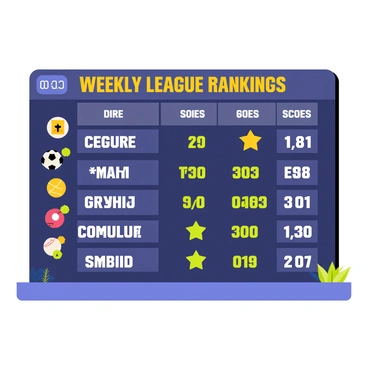 A scoreboard displaying the top players in a weekly league. The scoreboard has a large rectangular shape with a dark blue background and bright yellow text. At the top, the title "Weekly League Rankings" is prominently featured in bold letters. Below the title, there are rows with player names in white text, each accompanied by their scores in bright green. The first row highlights the top player with a gold star next to their name. Colorful icons representing various sports are scattered around the scoreboard, adding to the lively atmosphere. A digital clock in the corner shows the countdown to the next game.