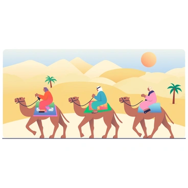 A caravan of three camels loaded with colorful woven baskets is traveling along an ancient desert trade route. The camels are walking in a line, with a rider on each camel wearing traditional desert attire, including flowing robes and headscarves. The sand dunes rise dramatically in the background, with gentle waves of golden sand catching the sunlight. A few sparse green palm trees are visible in the distance, providing a contrast to the vast, barren landscape. The sky above is clear with a gradient of blue transitioning into soft orange as the sun begins to set on the horizon.