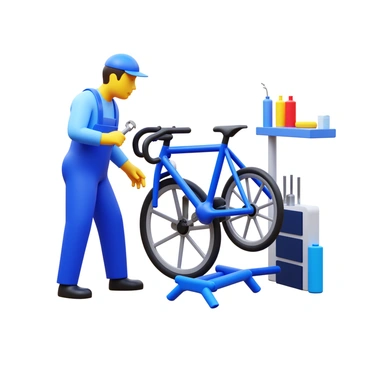 A mechanic wearing a blue jumpsuit is positioned beside a bicycle. The mechanic is holding a torque wrench in one hand, while the other hand steadies the bicycle. The bike tire is mounted on a repair stand, and the work area is organized with various tools and parts neatly arranged nearby. The mechanic is focused on adjusting the torque settings on the tire, showcasing precision and expertise in their actions.