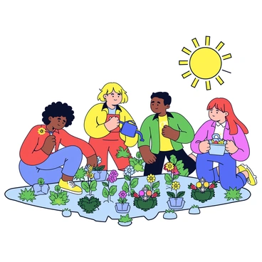 A diverse group of people is working together in a community garden. There are four individuals: one person with curly black hair planting yellow sunflowers, another with straight brown hair watering green leafy vegetables, a third individual with short blonde hair digging a small hole for a tomato plant, and a fourth person with long red hair holding a basket filled with assorted seedlings. Around them, there are rows of colorful flowers and various vegetables growing, with green leaves and vibrant petals visible throughout the garden. The sun is shining brightly overhead, creating a lively atmosphere.