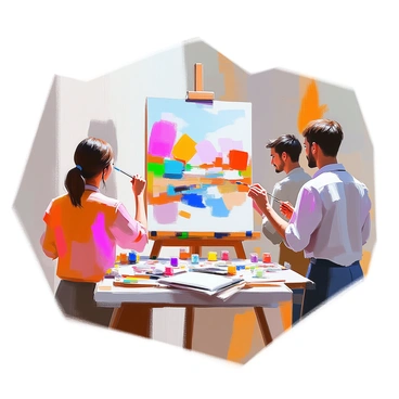 A group of artists engaged in a creative challenge, working together to fill a half board with unique art pieces. Each artist is focused on their individual creation, showcasing a variety of styles and techniques. One artist is painting a vibrant landscape with bold colors, while another is sketching an intricate abstract design. There is a table nearby with art supplies scattered about, including paint tubes, brushes, and sketchpads. The atmosphere is filled with creativity and inspiration as the half board comes alive with diverse artistic expressions.