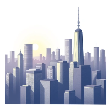 A city skyline filled with numerous skyscrapers reaching upward. The buildings have a variety of architectural designs, showcasing glass facades and steel structures. The horizon is dotted with tall towers, some with antennas or observation decks. The sky above is filled with the transition of dusk, where silhouettes of the buildings emerge as they are illuminated by artificial lights. The light from the setting sun casts long shadows across the scene, creating a vibrant contrast between the dark structures and the luminous windows.