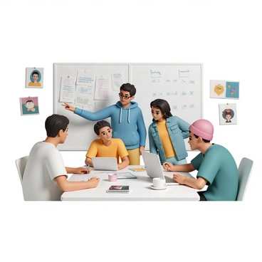 A group of TAFE students, consisting of three male students and two female students, is gathered around a large table filled with storyboards, laptops, and art supplies. One male student, wearing a blue hoodie and glasses, is pointing at a storyboard while discussing ideas with the team. The female student next to him, wearing a yellow shirt and denim jacket, is taking notes on her laptop. Another student, with a red beanie and a green shirt, is sketching character designs on paper. The atmosphere is lively, with colorful posters of animated characters on the walls and coffee cups scattered around the table. A large whiteboard in the background displays their project timeline and brainstorming notes.