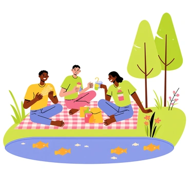 A group of three friends are sitting on a checkered picnic blanket beside a scenic fish pond. One friend is holding a bag of chips, and another is munching on a sandwich, while the third is pouring drinks into colorful cups. They are all laughing together, with smiles on their faces. The pond features clear blue water with several fish swimming just below the surface, surrounded by lush green plants and a few colorful flowers. In the background, there are tall trees providing shade, creating a bright and cheerful atmosphere.