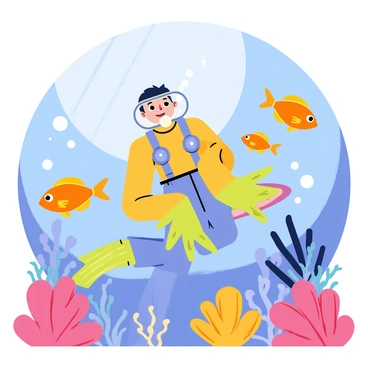 A 3D cartoon diver character with a colorful wetsuit and bright flippers is swimming in an underwater scene. The diver has a large, friendly smile and is surrounded by a school of vibrant fish in shades of orange, blue, and yellow. The background features a lively coral reef with various shapes of corals, including branching and brain corals. Bubbles are rising from the diver's breathing apparatus, adding to the lively atmosphere. Sunlight filters through the water's surface, creating a sparkling effect around the scene.