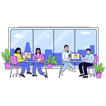 A sleek high-tech office in New Zealand features large glass windows that provide a view of the surrounding landscape. Inside, several designers are focused on their futuristic projects, sitting at minimalist desks with digital screens displaying vibrant concepts. The office has an open layout with modern furniture, including ergonomic chairs and collaborative workspaces. Potted plants add a touch of greenery to the space. Bright overhead lights illuminate the area, enhancing the modern atmosphere.