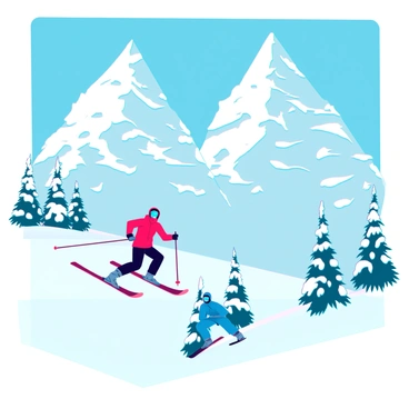 A pair of snow-covered twin peaks rise majestically against a clear blue sky. Fluffy white snow blankets the landscape, creating a pristine winter scene. Two skiers, one wearing a bright red jacket and black pants, the other in a blue ski suit, are gracefully sliding down the slopes. Their skis leave trails in the fresh powder snow. In the foreground, pine trees covered in snow add to the tranquil atmosphere of this winter setting.