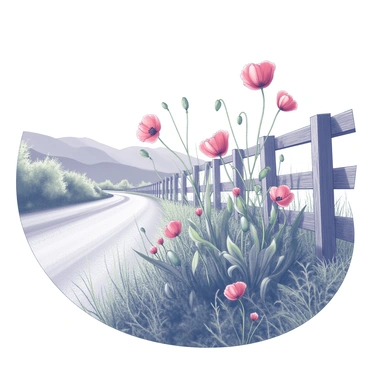 A vibrant scene of wild coquelicots, also known as poppies, growing along a country roadside. The flowers are in full bloom, showcasing their delicate petals and distinctive shapes. They sway gently in a light breeze, with several stems rising from lush green foliage. The roadside features a dirt path bordered by a rustic wooden fence. In the background, there are rolling hills under a clear sky, giving a sense of openness. The sun casts distinct shadows, enhancing the texture of the flowers and surrounding vegetation.