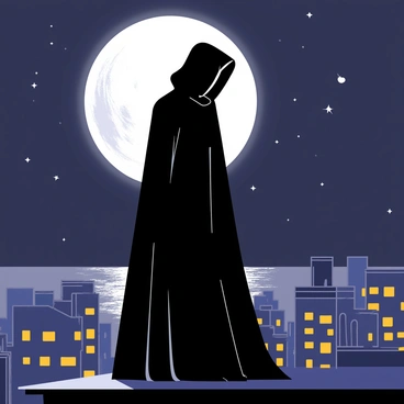 A cloaked figure with a dark, flowing robe stands on the edge of a rooftop. The figure's hood is pulled low, obscuring their face in shadow. The full moon casts a bright, silvery light, illuminating the rooftop and creating a glow around the figure. Below, the city is visible with numerous buildings, their windows aglow with warm yellow lights. The night sky is dotted with a few scattered stars, adding depth to the scene. The moon's reflection glistens on a distant water surface, enhancing the atmosphere of the moment.