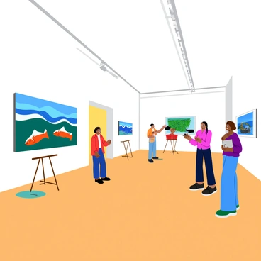 A modern art gallery interior featuring bright white walls and polished wooden floors. Various artistic interpretations of "tuna" are displayed on easels and walls. One piece is a large canvas with abstract brush strokes in shades of blue and green, reminiscent of ocean waves. Another artwork features a colorful sculpture of a tuna made from recycled materials, glimmering under the gallery lights. A third interpretation showcases a series of small framed photographs capturing the life cycle of a tuna in vivid detail. The space is filled with curious visitors admiring the artworks.
